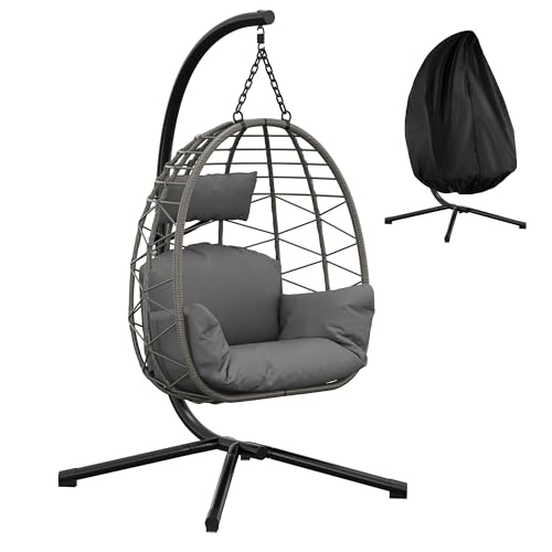 Hängesessel mit Gestell Outdoor bis 150 kg belastbar, Rattan Hängesessel mit Metallgestell, ideal als Hängesitz Indoor mit Gestell für Garten, Terrasse & Balkon Grau