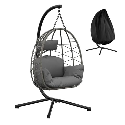 Hängesessel mit Gestell Outdoor bis 150 kg belastbar, Rattan Hängesessel mit Metallgestell, ideal als Hängesitz Indoor mit Gestell für Garten, Terrasse & Balkon Grau