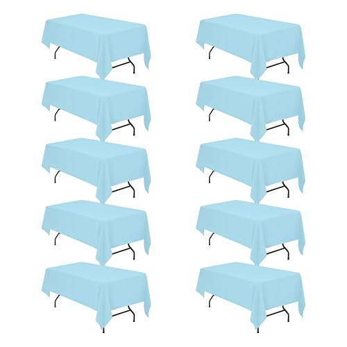 Image of BRILLMAX 10 Pack Light Blue Tablecloths 60 x 102 Inch for 6ft Rectangle Tables - 150 GSM Polyester Fabric, 15 inch Standard Drop, Water, Stain & Wrinkle Resistant Cloth Cover for Wedding Dining Buffet