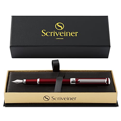Scriveiner Deep Crimson Red Fountain Pen - Stunning Luxury Pen With Chrome Finish, Schmidt Nib (Medium), Best Pen Gift Set For Men & Women, Professional, Executive, Office, Nice Pens #TOP7