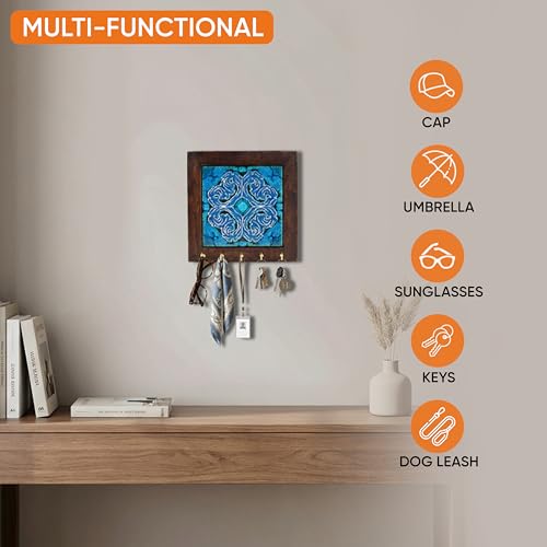 Image of AAKRITI ART CREATIONS Key Holder, Blue Daisy Handcrafted Key Holder Panel | Rustic Ceramic & Wood Wall Organizer with 5 Hooks | New Home Gifts | Multifunctional Entryway Decor.