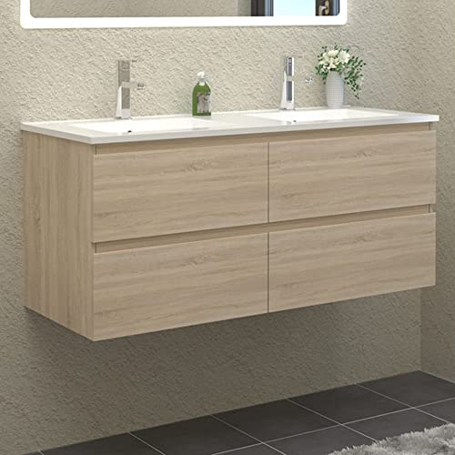HAPAOSO Meuble de Salle de Bain Double Vasque 120 cm + Casier Couleur chêne（Quatre tiroirs）