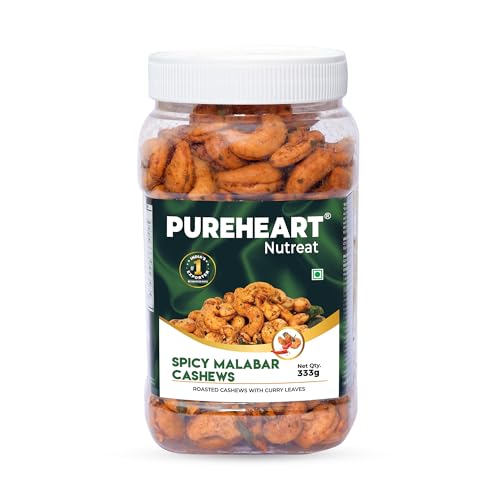 Image of Pureheart Spicy Malabar Cashews 333g | Roasted Masala Kaju with Curry Leaves | Premium Crunchy Flavored Cashew Nuts | Healthy Snack, Protein Rich Dry Fruits | Spicy Roasted Nuts Pack