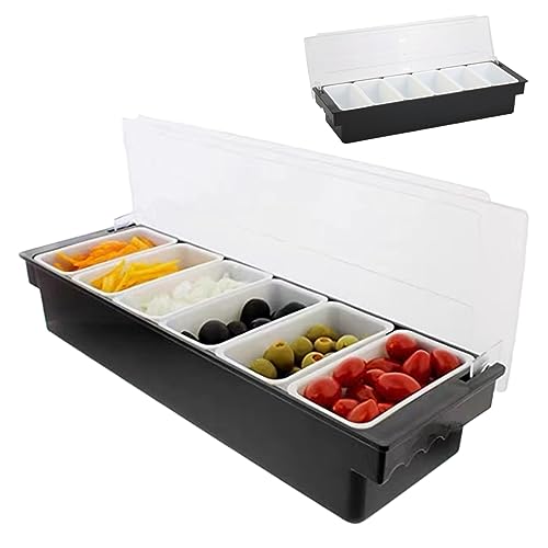 Condiment Organizer, Condiment Holder with Detachable 6 Compartments Plastic Ingredients Condiment Dispenser with Lid Reusable Ice Cooled Pizza Topping Station for Home, Restaurant