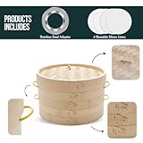 Aelnok Bamboo Steamer 10-Inch 2-Tier Bamboo Steamer Basket Set with 4 Reusable Silicone Liners - Perfect for Healthy Cooking of Dumplings, Bao Buns, Vegetables, and Rice