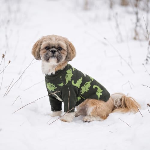 Image of Fitwarm Dinosaur Dog Jacquard Sweater, Knitted Winter Clothes for Small Dogs Boy Girl, Cozy Pet Outfit, Dark Green, Olive, White, Large