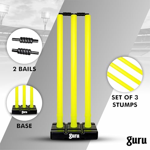 Image of Guru Cricket Wicket Set, Heavy Plastic Cricket Stumps Set - 3 Stumps + 2 Bails + 1 Base Stand