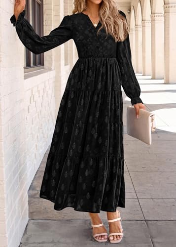 Image of KIRUNDO Spring Wedding Guest Dresses for Women 2026 Maxi Floral Long Sleeve Elegant Ruffle Tiered Flowy Party Long Dress