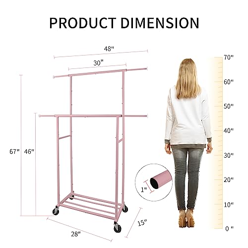 Fishat Portable Pink Double Rods Garment Clothes Rack for Drying with Rolling Clothes Organizer on Lockable Wheels Mobile for Girls Women, 48"W x 15"D x 67"H, Metal Simple Hanging Clothes with 2 Hook by Fishat - Image 3