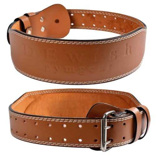Leather Weightlifting Belt, 10 Adjustable Holes, 4”& 6”Width, Double Prong Power Belt for Gym Bodybuilding, weightlifting, powerlifting, squats and deadlifts (4-Inch Brown, M (28'-32'))
