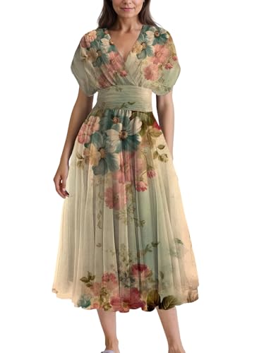 Women Floral Printed Wrap V Neck Dresses Short Sleeve Spring