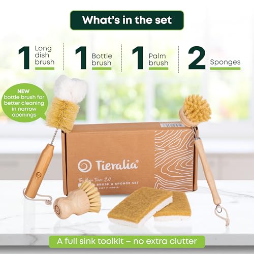 Image of Tieralia Bamboo Dish Brush Set 5 Piece - Eco Friendly Kitchen Cleaning Kit with Bottle Brush, Long Dish Brush, Palm Scrubber & 2 Plant-Based Sponges | Plastic-Free Natural Dish Scrubber