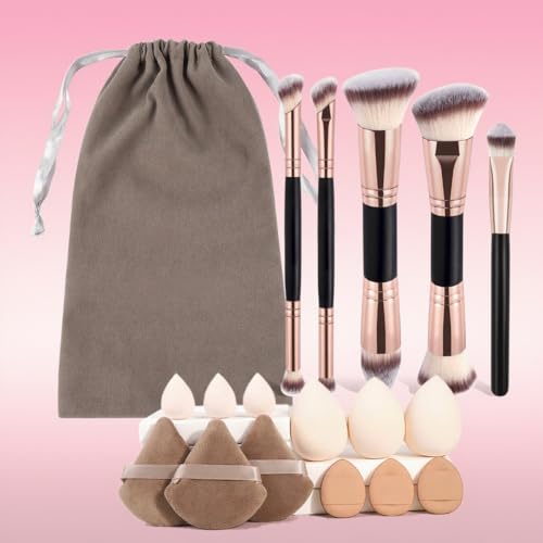 Makeup Brush Set - 18PCS Travel Makeup Brushes, Real Techniques Brush Set with loose powder puff for Foundation, Concealer, Powder, Eye Shadows, Blush, Professional Make up Brush Set for Women(Gold)