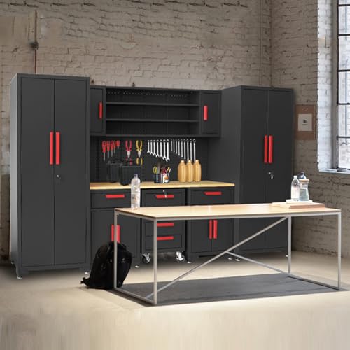 Image of Torin Garage Storage Cabinets System, 8-Pcs Workshop Cabinet Set in Black | Included Steel Cabinets Drawers Rolling Chest and Pegboard,Locked Garage Storage Cabinet