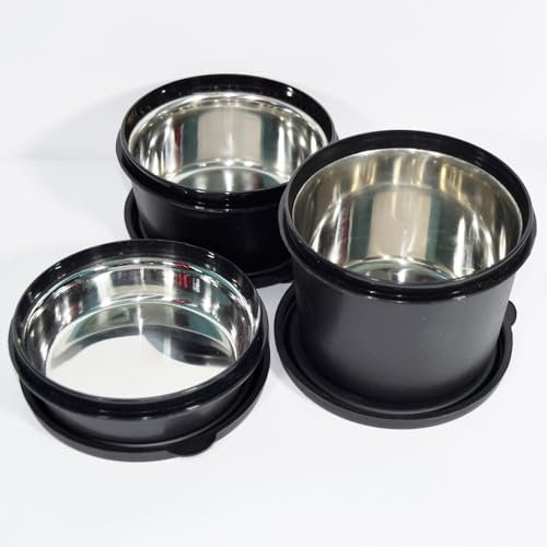 Image of PRESCO Stainless Steel Teso Container Set | Microwave Safe and Dishwasher Safe Food Storage Bowls with Airtight Lids | Leak-Resistant Lunch Bowls (Set of 3) (Black)
