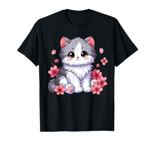 Chat mignon avec fleurs de cerisier dessin animé dessin animé T-Shirt