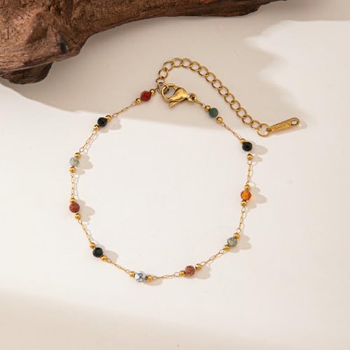 Colored Stone Collarbone Chain Gold-Plated Jewelry Trendy Light Luxury Versatile Fashion Jewelry - [E240] Colored Beaded Bracelet Gold