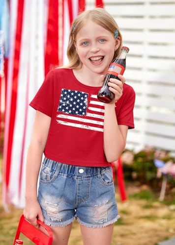 Image of BesserBay Kids Girls 4th of July Crop Tops American Flag Red White Blue Patriotic Bows USA Flag T-Shirts 6-14 Years