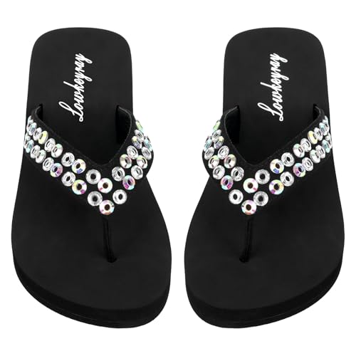Lowkeyray Black Fancy Flip Flops With Rhinestones Comfortable Sequin Sandals For Women 6