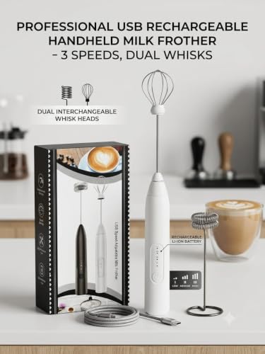 Image of VeeDee USB Rechargeable Milk Frother Handheld - 3-Speed Adjustable Electric Foam Maker with 2 Stainless Steel Whisks - Portable Coffee Frother & Egg Beater (White)