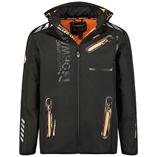 Image of Geographical Norway Royaute Men, Hooded Softshell Jacket, Waterproof Outdoor Coat, Tactical Windbreaker, Resistant, Hiking, Ski Autumn, Winter, Spring, Black Orange, S