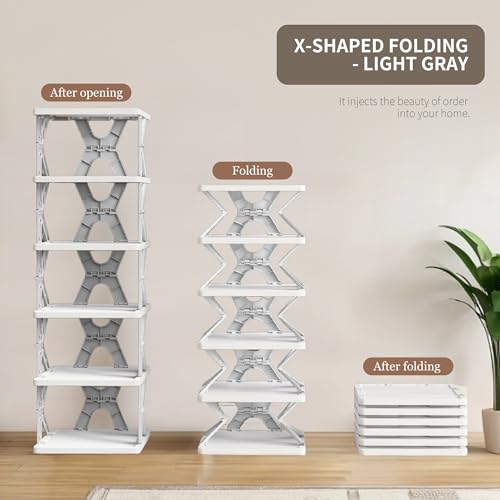 Image of 6 Tier Collapsible Shoe Rack for Kids, kids shoe rack toddler shoe organizer Vertical Foldable Shoe Organizer for Front Door Entrance (GREY)