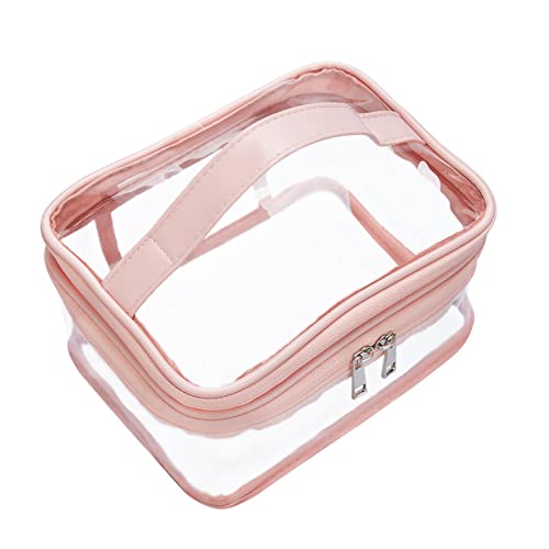 HAOGUAGUA Double Layer Clear Cosmetic Bag Makeup Bag, Waterproof Travel Toiletry Bag, Transparent PVC Hair & Nail Accessories Pouch Beach Bag Organizer (Pink)