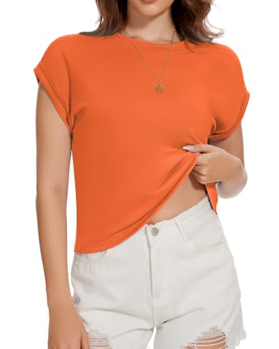 Image of Womens Crop Tops Summer Roll Cap Sleeve Cropped Tshirt Loose Fit Basic Tees