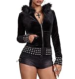 GOTHPICKUS Y2K Rivet Faux Fur Hoodies For Women Zip Up Punk Gothic Stripe Slim Fit Trendy Tops Long Sleeves Casual Jacket (Black,Medium)