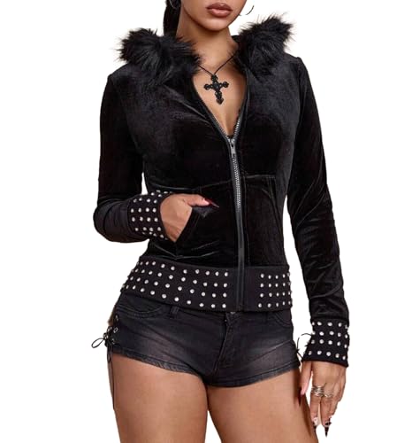 GOTHPICKUS Y2K Rivet Faux Fur Hoodies For Women Zip Up Punk Gothic Stripe Slim Fit Trendy Tops Long Sleeves Casual Jacket (Black,Medium)