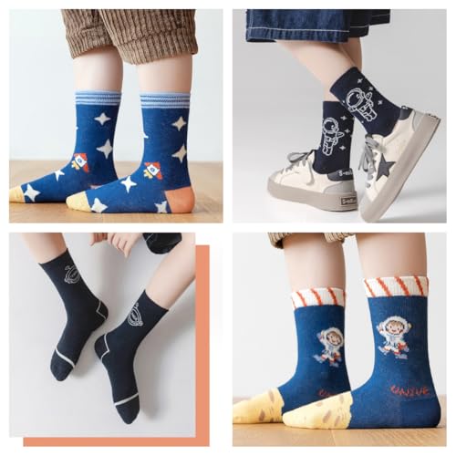 Padgene 10 Pairs Kids Boys Fun Novelty Socks Toddler None Slip Cotton Crew Dress Socks Cartoon Dinosaur Car Shark Stripes3