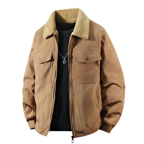 Men's Corduroy Casual Coat, Fashion Sherpa Fleece Lined Fall Winter Warm Overcoat Long Sleeve Zip Up Jacket with Pockets