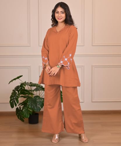 Image of SHIENZY Women Rayon Embrioded Co Ord Set | Stylish V Neck Co-Ord Set for Women | Straight Kurta & Plazzo | Short Kurti and Pant | Party & Ethnic Wear | Traditional & Casual Kurti Set