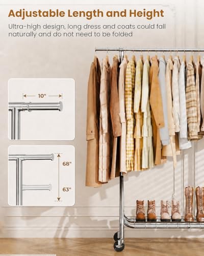 Image of Heavy Duty Clothing Rack, Metal Clothes Rack Load 450 LBS, Rolling Clothes Racks for Hanging Clothes with Lockable Wheels, Wardrobe Closet Garment Racks for Bedroom, Silver