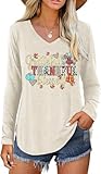 Women's Grateful Thankful Blessed V Neck Shirt Fall Turkey Pumpkin Leaf Graphic Tee Thanksgiving Family Matching Long Sleeve Shirt Holiday Party Tops(L,Beige-Thankful)