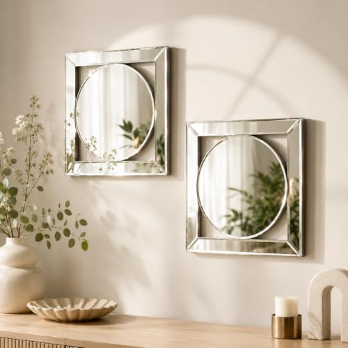 opulinea Square Decorative Wall Mirror 12 x 12 Inch, Silver Frameless Mirror Wall Decor with Beveled Edge, Modern Wall Mounted Accent Mirror for Living Room, Bedroom, Hallway, Set of 2