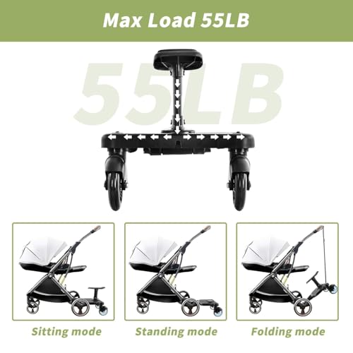 Buggy Board mit Sitz, BuggyBoard, Kinderwagen Board, trittbrett für kinderwagen universal, kompatibel mit fast jedem Buggy und Kinderwagen, Tragfähigkeit 25kg (schwarze Räder)