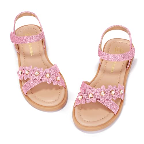 Pandaninjia Mary Girls Sandals Open Toe Cute Flower Pearl Flats Dress Sandals Cross Strappy Summer Shoes Toddler/Little Kid/Big Kid cover
