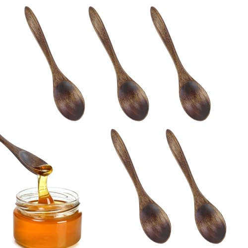 Wooden Honey Spoon, Pack of 5 Handmade Wooden Spoons, Small Natural Nanmu Soup Spoon, Mixing, Stirring, Cooking, Wooden Spoon for Hot Chocolate, Honey, Coffee, Tea, Kitchen Accessorie