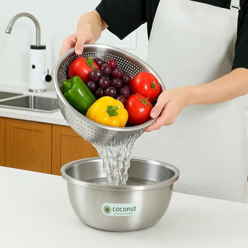 Image of Coconut Stainless Steel Colander Strainer for Kitchen - Large Rice Washer, Fruit & Vegetable Washing Bowl with Handles - Rust-Proof, Heavy-Duty Multipurpose Sieve Basket - Pack of 1 | 18 cm