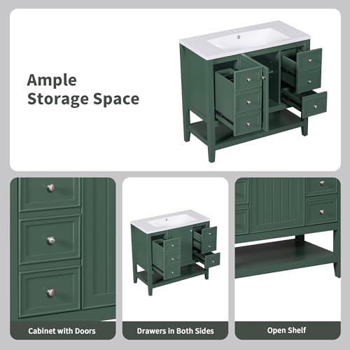 Image of Favfurish 36 inch Bathroom Vanity with Ceramic Sink,Undermount Single Basin Bath Vanity Set w /Soft-Close Door and 3 Drawers,Modern Freestanding Storage Cabinet w /Open Shelf,Solid Wood Frame,Green