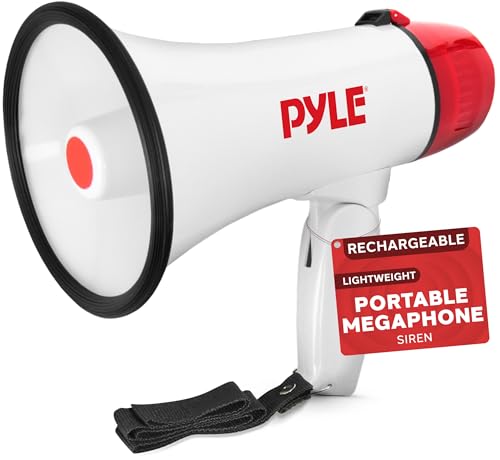 Pyle 20W Megaphone Bullhorn - 5.4'' x 8.6'' Portable Megaphone, Projection Range Up to 1100 Sq. Yards, Voice Talking & Siren Alert, Shoulder Strap, Battery Operated, (White)