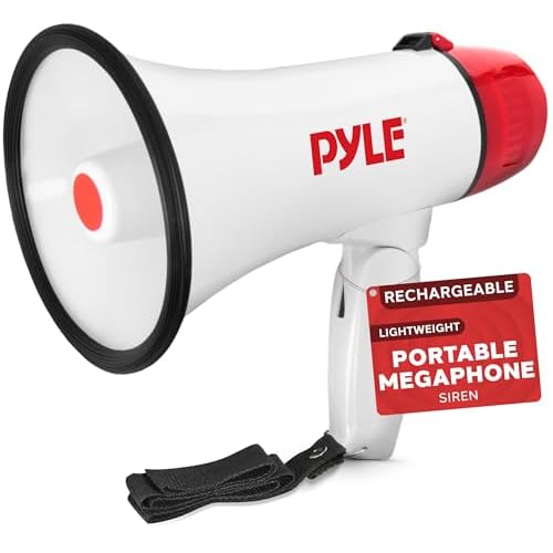 Pyle megafono, Portatil, 20V, Volumen ajustable, Pequeño, Control con sirena incorporada, Alcance de 800 yardas, Futbol americano, Baseball, Hockey, Entrenadores, Porristas, Simulacros de seguridad