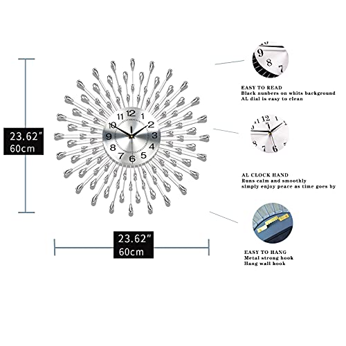 Fleble Modern Large Wall Clocks For Living Room Decor Big Silent Wall Clocks Battery Operated Quartz For Bedroom Office Kitchen House Metal 24 Inches Silver Round Clock Wall Decorative For Home Indoor #TOP5