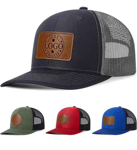 Custom Leather Patch Hats for Men Women - Personalized Trucker Hats with Photo Logo Text - Adjustable Customized Baseball Caps Leather Patch-Black/Gray