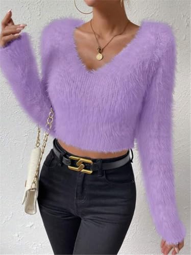 Mohair Sweater for Women Y2k Fuzzy Sweater Faux Fur Sweater Coquette Long Sleeves Cropped Sweater for Women4