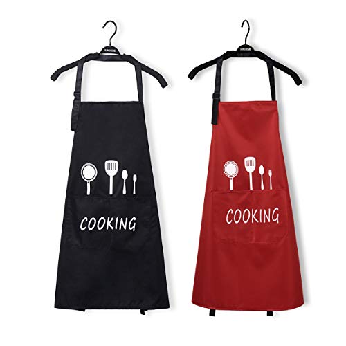 Sevenstars 2 Pack Couple Cooking Aprons with Pockets, Red and Black Kitchen Aprons