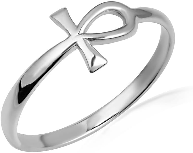 14K Yellow, White, and Rose Gold Polished 2mm Egyptian Ankh Cross Band Religious Symbol Of Life Statement Ring for Women Girls, Available in Sizes 4-12