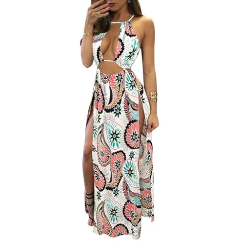 BIUBIU Women's Sexy Boho Floral Halter Summer Maxi Dress Beach Party Split Cover Up Swimsuit Outfit 2024 (Geometric,M) Cover