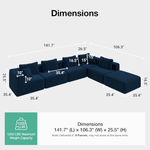 Image of Novilla 141 inch Modular Sectional Sofa, V Shape Customizable Sectional Couch, Modern Cloud Design with SmartS Coil Support, Boneless Sectional Couch for Living Room Apartment, No Assembly Required, Blue